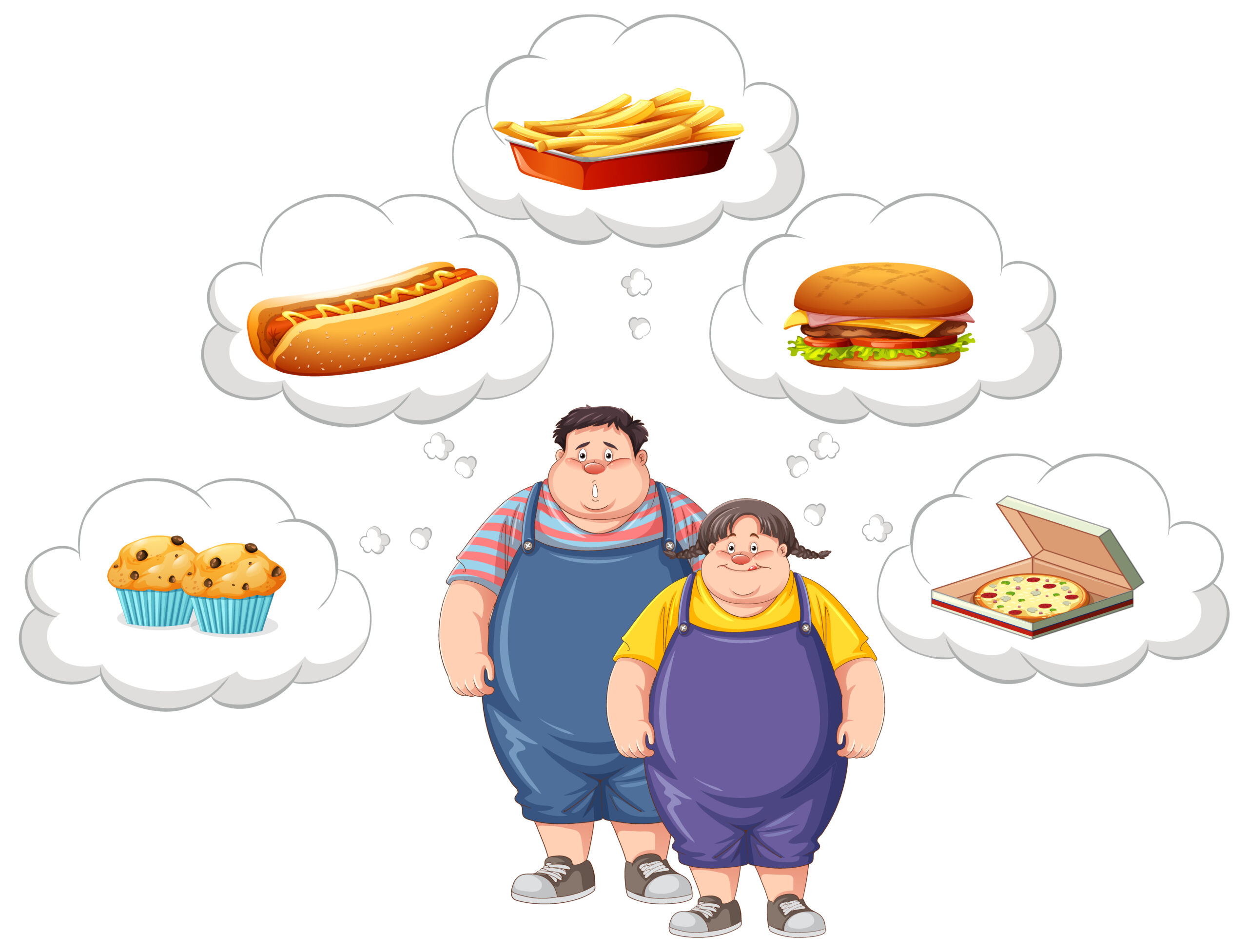 Overweight couple thinking about fast food